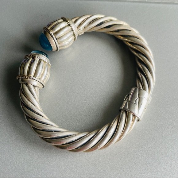 Large Blue Topaz 14k Gold & Sterling Silver 10mm Classic Cable Cuff Brac… - Picture 9 of 11